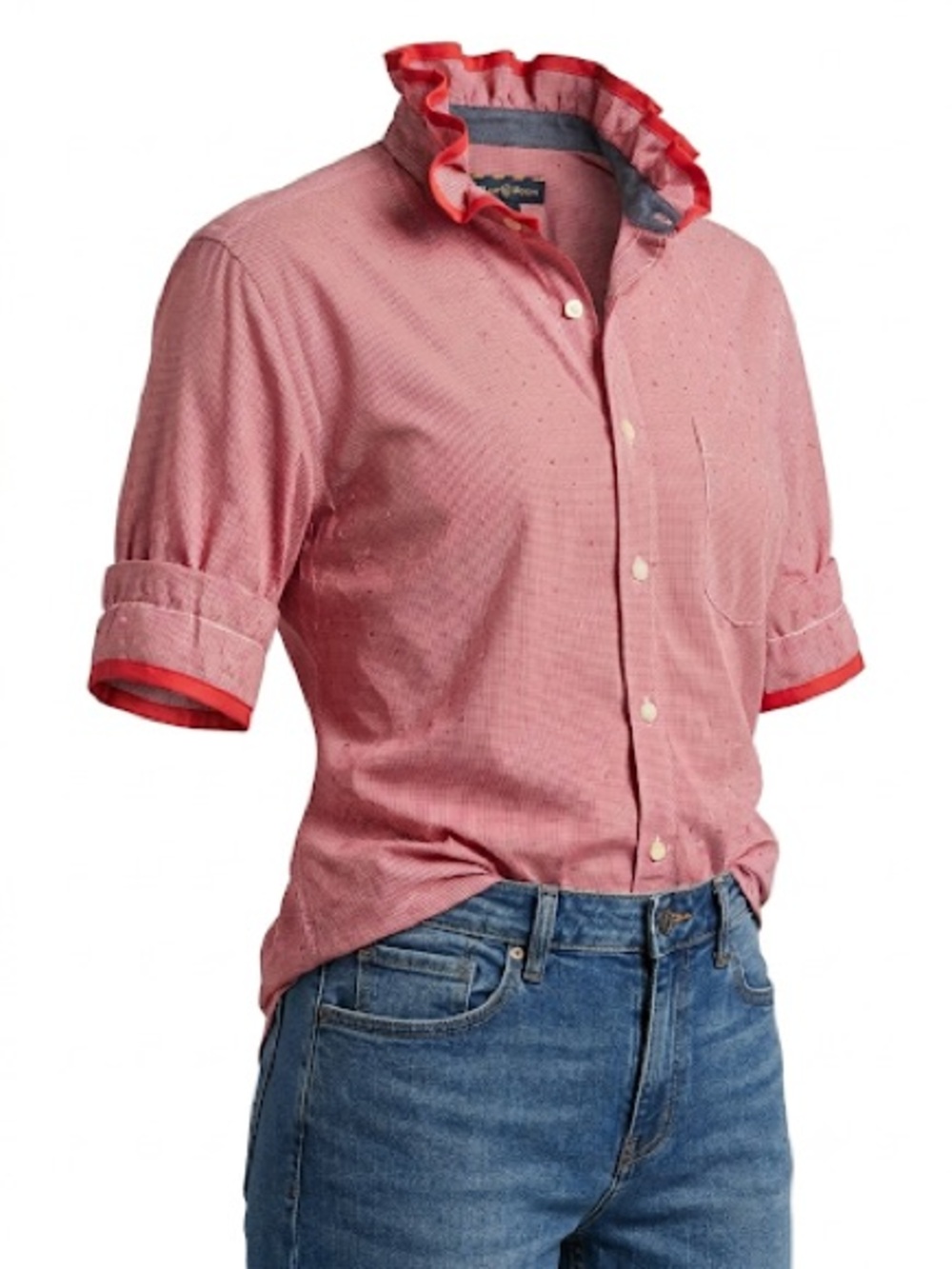 Club Room Upcycled Red Short-Sleeve Button-Down Shirt with Ruffle Collar